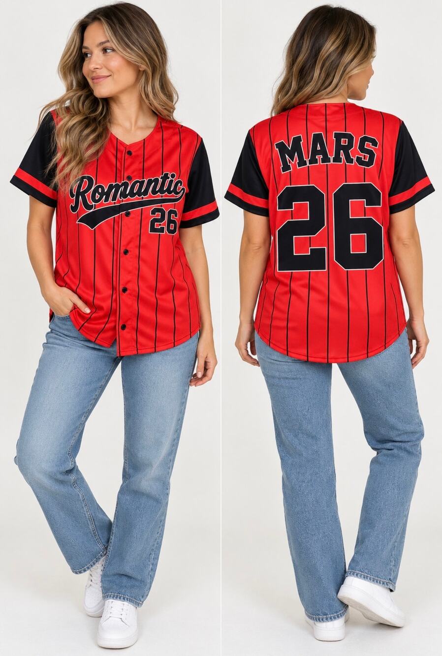 Bruno Mars 26 Romantic Baseball Jersey Red Black Pinstripe S-M Custom Shirt